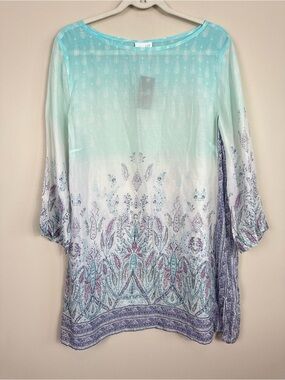 J Jill Top Womens Large Ombre Paisley Blue Purple Tunic Sheer Beach Floral Pool
